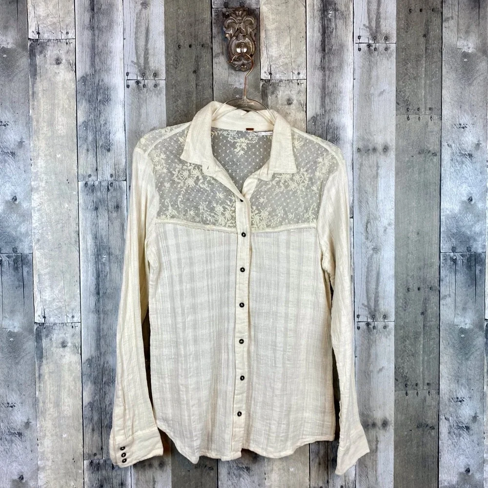 Free People Saddle Up Lace Yolk Button Up Shirt in Cream Size Medium.